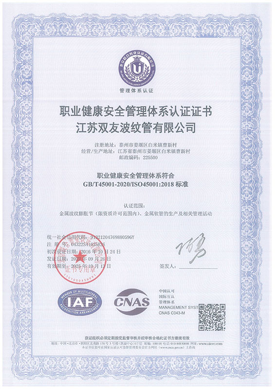 職業(yè)健康安全管理體系認(rèn)證證書